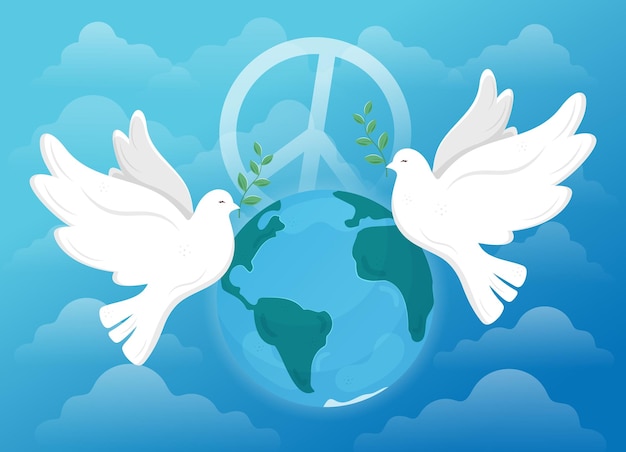 Peace doves planet earth blue background anti war peace symbols banner international world peace day
