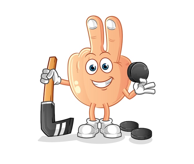 Peace finger playing hockey vector cartoon character