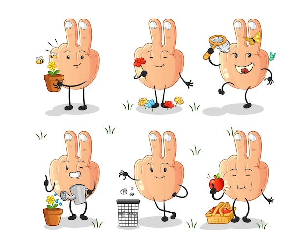 Vector peace finger save the earth group cartoon mascot