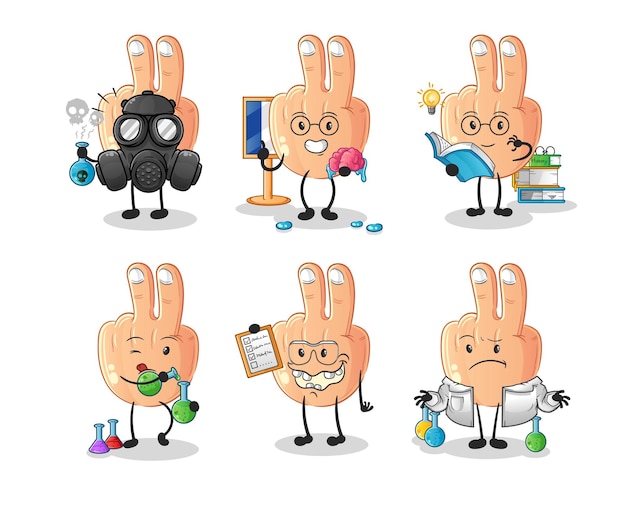 Peace finger scientist group character cartoon mascot vector