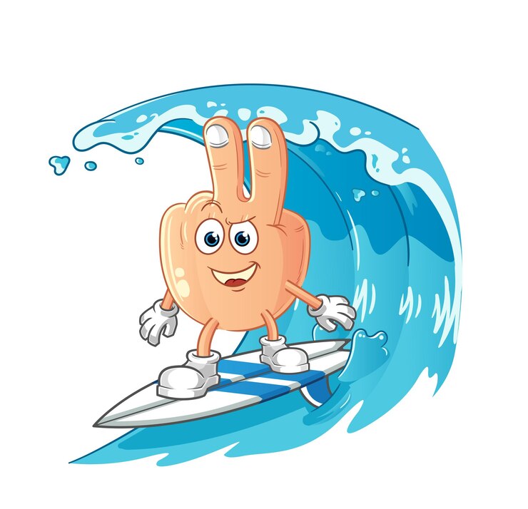 Vector peace finger surfing character cartoon mascot vector