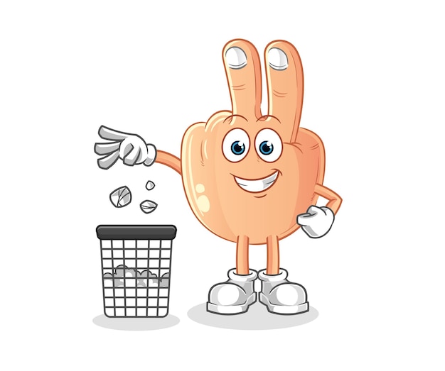 Peace finger Throw garbage mascot cartoon vector