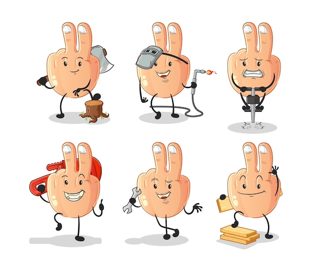 Vector peace finger worker set character cartoon mascot vector