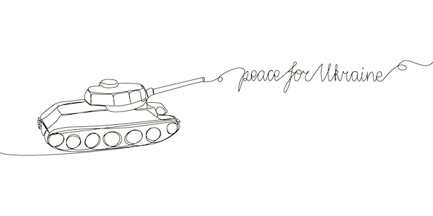 Вектор Мир для украины, непрерывный рисунок линии, однострочное искусство английской рукописной надписи с пожеланиями мира и боевого танка, бронетранспортер