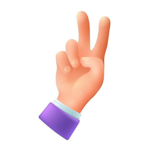 Peace hand gesture 3d cartoon style icon on white background. Hand making victory or salute sign flat vector illustration. Expression, gesturing, greeting concept