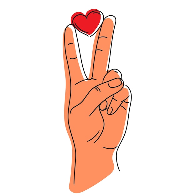 Peace hand gesture sign with heart in fingers Peace love concept Vector sketch illustration