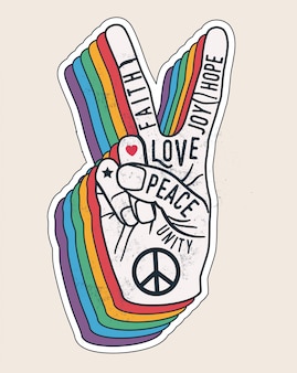 Segno di gesto della mano di pace con le parole su. peace love concept adesivo per poster o design t-shirt. illustrazione in stile vintage