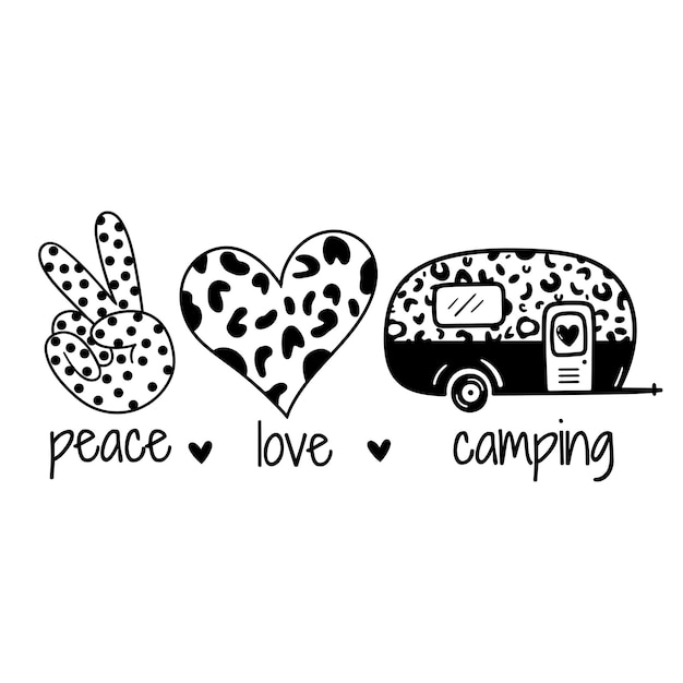 Pace amore campeggio con stampa leopardo e pois parole motivanti per il campeggio citazione del vettore del campeggio