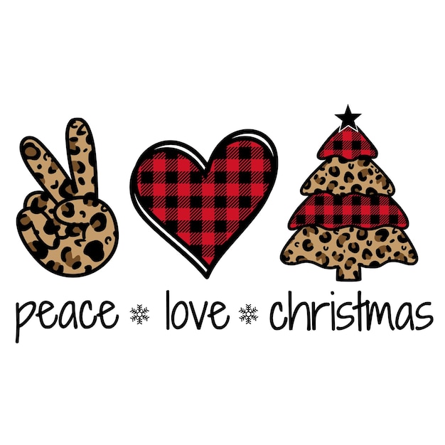 Vettore peace love christmas buffalo plaid stampa leopardo merry christmas vector christmas illustrazione