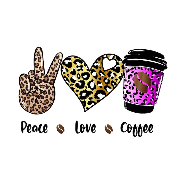 Vector peace love coffee design with leopard pattern