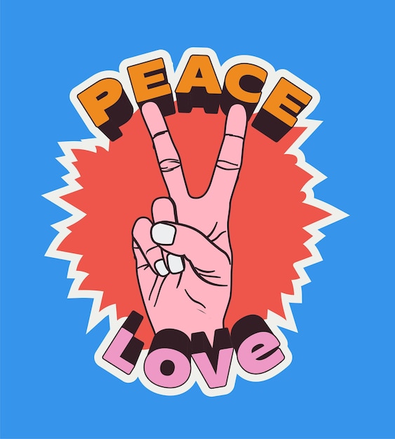 Peace love vintage in stile fumetto etichetta o adesivo o poster o t-shirt modello di progettazione con gesto della mano di pace in colori vivaci isolato su sfondo blu illustrazione vettoriale