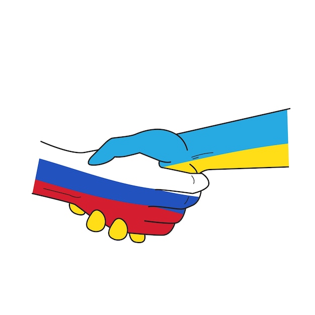 벡터 평화 개요 아이콘 우크라이나의 국기와 악수 형태로 러시아의 국기