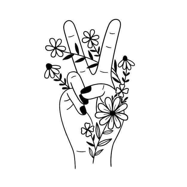 Vector peace sign hand  hand with two fingers outward and flowers outline drawing