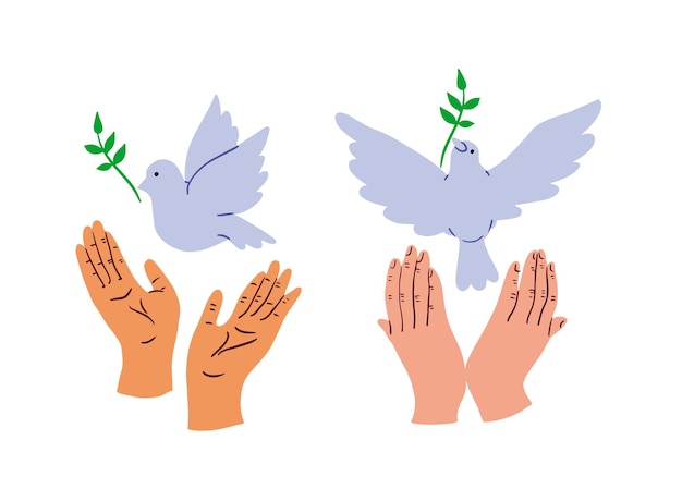 Peace symbol dove in handshands holding a dovehand drawnvector illustration