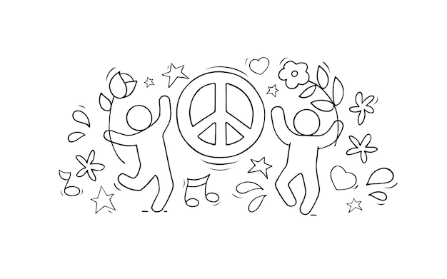 Peace symbol and happy people with flowers Vecto illustration flowers and pacifists sign