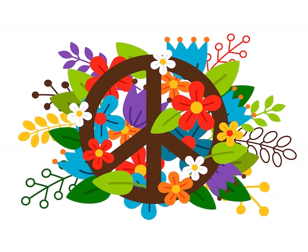 Peace symbol with flowers on white background.