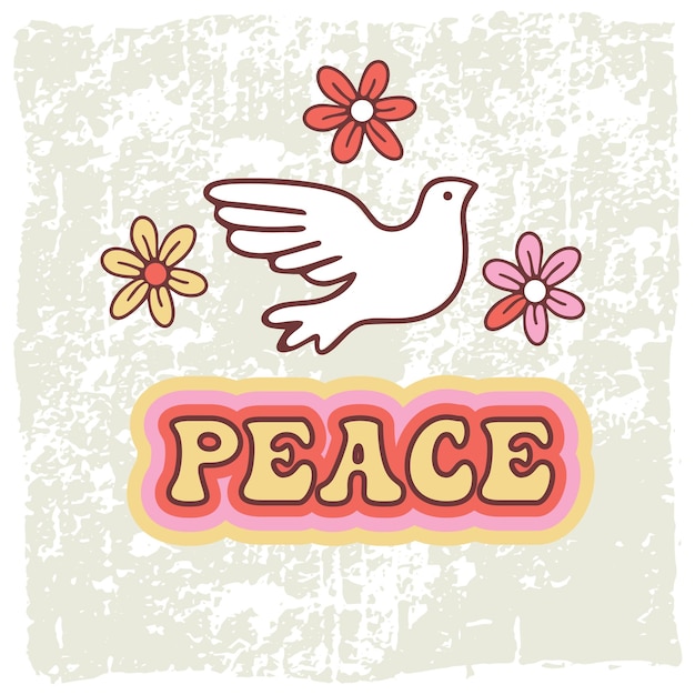 Peace text and symbol of peace doveretro style pacifism graphic