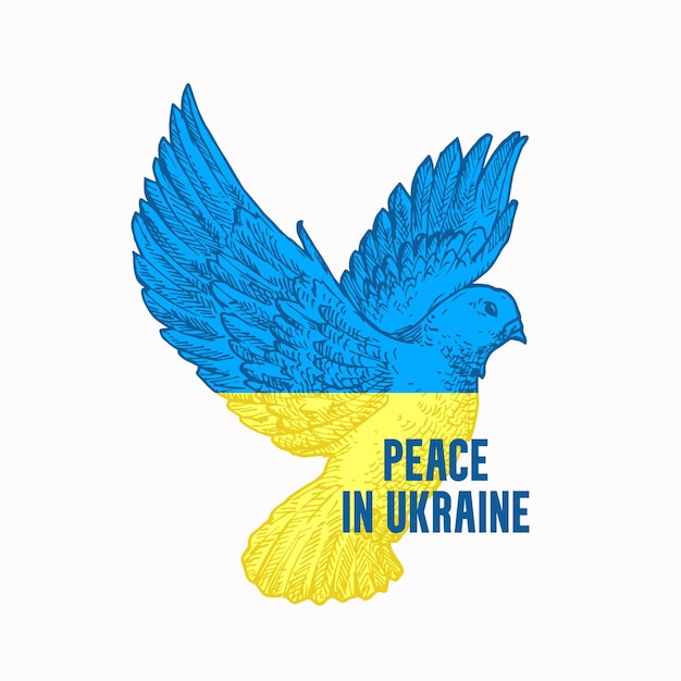 Pace in ucraina illustrazione bandiera ucraina in una colomba disegnata a mano uccello simbolo della pace segno distintivo etichetta tmplate pregare per l'ucraina aiutare a fermare la guerra abbigliamento stampa emblema social media sticker isolato