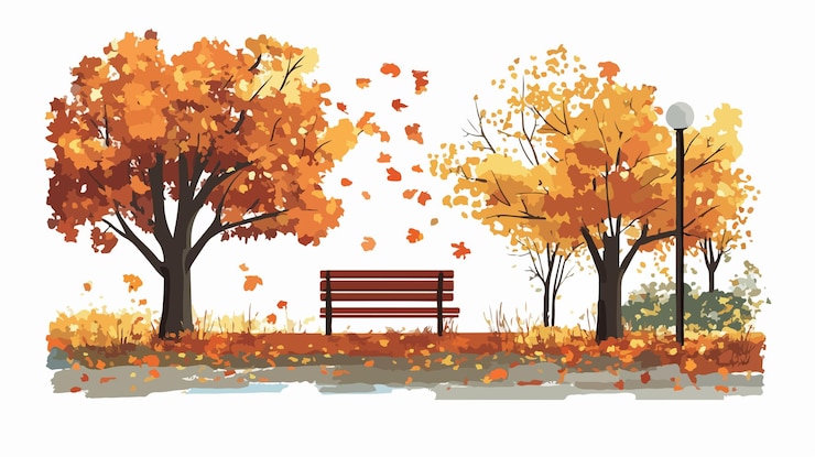 Vector peaceful autumn park scene illustration in flat vector style
