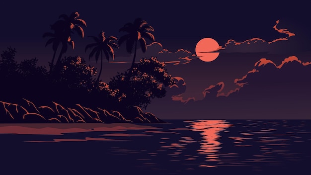 Vector peaceful calm night at beach with full moon