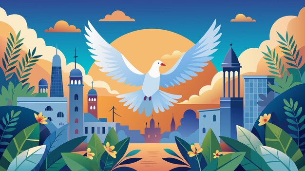 Мирный голубь, летящий над городом при заходе солнца