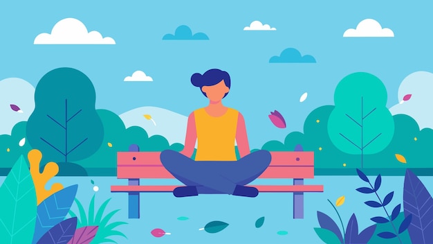 В спокойном саду человек медитирует на скамейке, позволяя своим мыслям и эмоциям течь.