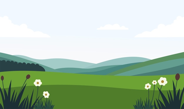 Peaceful Green Meadow Field Hill Nature Landscape with Flower Floral Plant in Summer