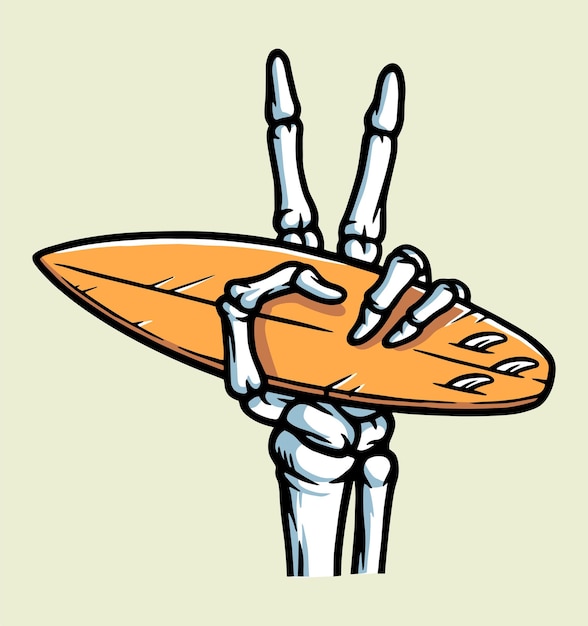 Vector peaceful hand skeleton and surfboard illustration