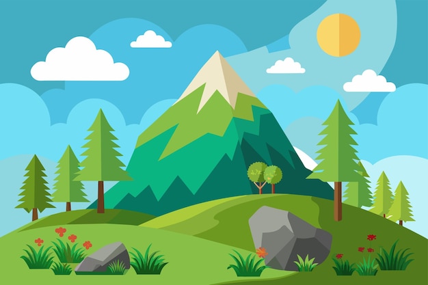 Peaceful hill and forest tree and mountains rock vector illustration