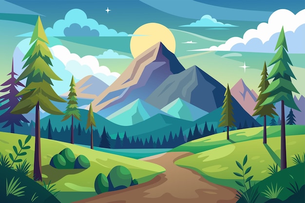 Peaceful hill and forest tree and mountains rock vector illustration