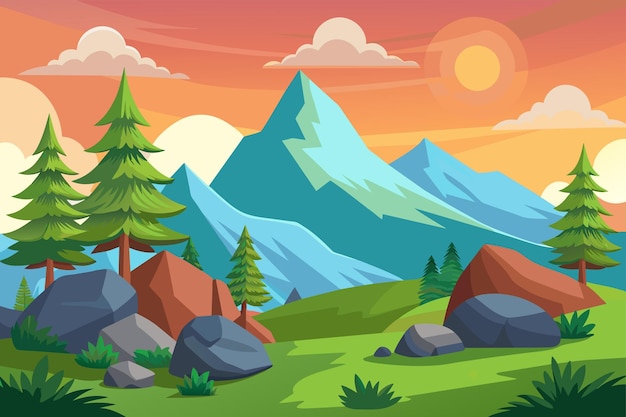 Peaceful hill and forest tree and mountains rock vector illustration