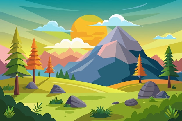 Peaceful hill and forest tree and mountains rock vector illustration