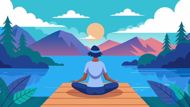 A peaceful lake in vr with a person sitting on a dock practicing breathing exercises and gentle