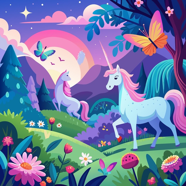 Peaceful meadow with grazing unicorns and shimmering butterflies Illustration