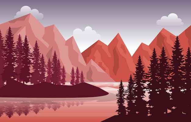 Peaceful mountain lake river pine tree nature landscape illustration