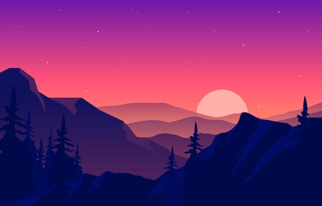 Peaceful Mountain Panorama Landscape in Monochromatic Flat Illustration