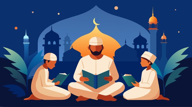 コーランを一緒に読む平和的なイスラム教徒の家族