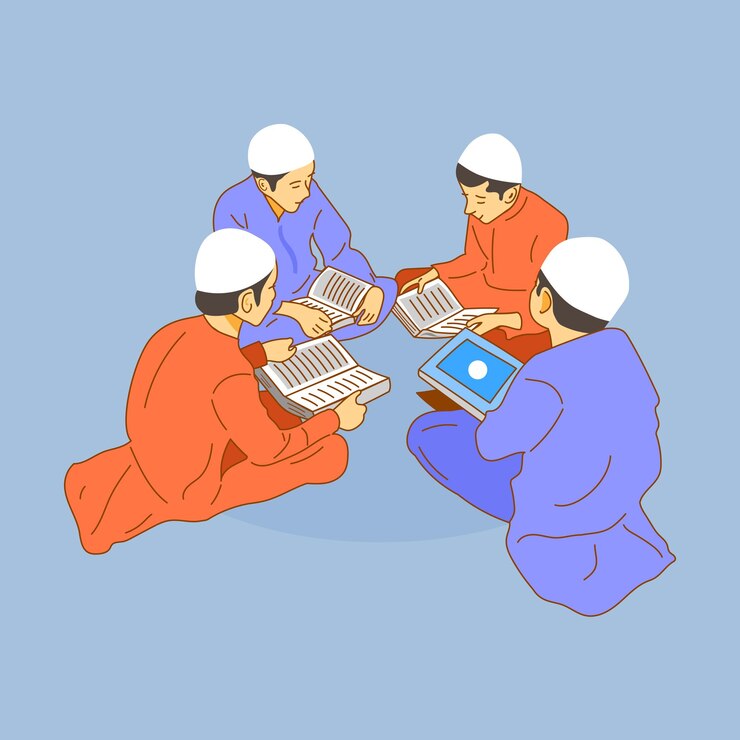Vector 평화로운 무슬림들이 함께 꾸란을 읽고 있습니다.