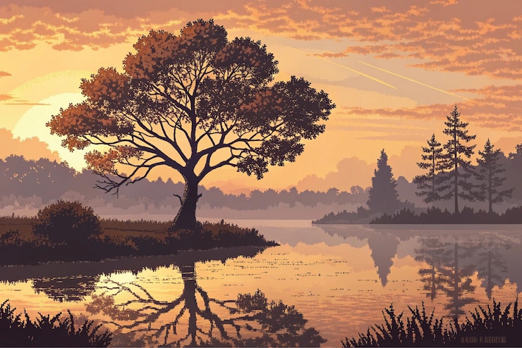 Vector peaceful night scene with silhouetted tree and galaxy amp serene tree reflection on water beneath th