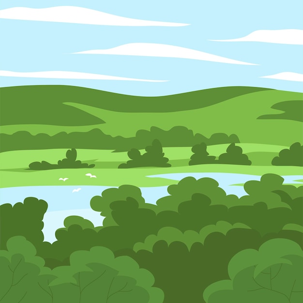 Vector peaceful summer nature landscape with hills and forests