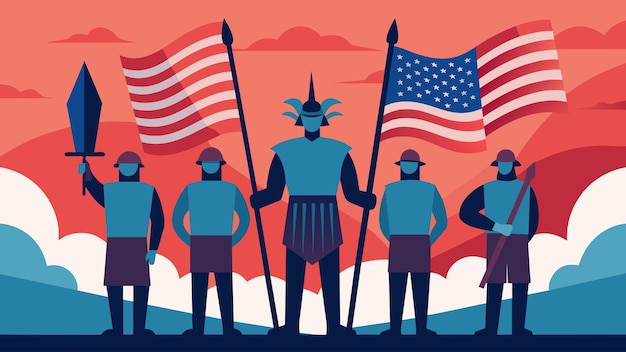 Peaceful warriors standing tall and proud in front of an american flag backdrop vector illustration