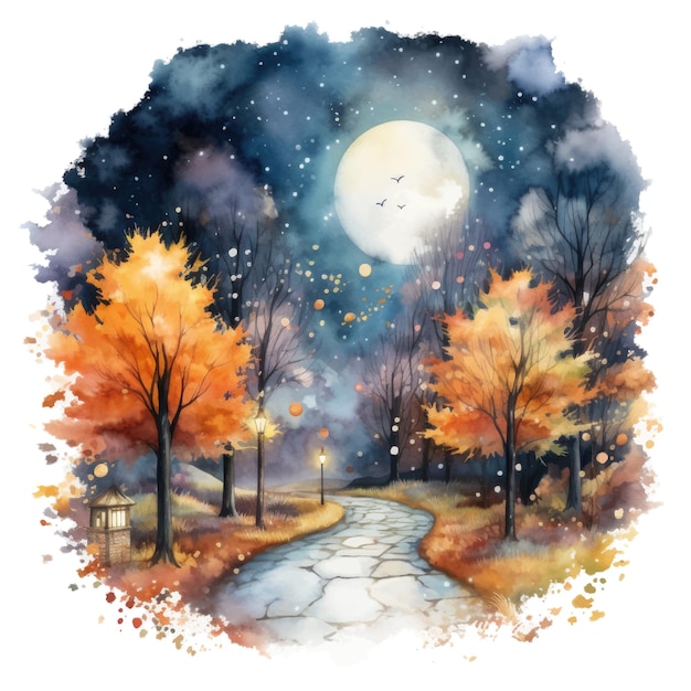 Vector peaceful watercolor autumn night on white background