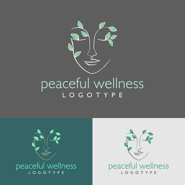 Peaceful wellness logotype face lineart leaves woman continuous line