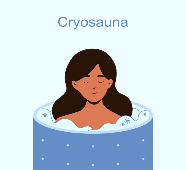 Vector peaceful woman in a cryosauna ice therapy vector illustration for benign and malignant lesions