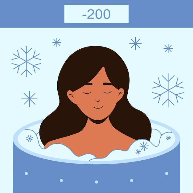 Vector peaceful woman in a cryosauna ice therapy vector illustration for benign and malignant lesions