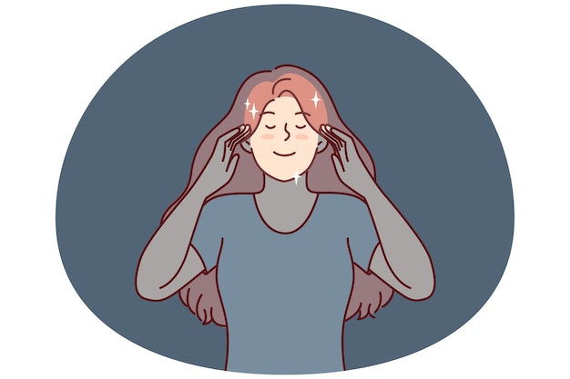 peaceful woman touches temples with eyes closed dreams of happy future or meditates vector image