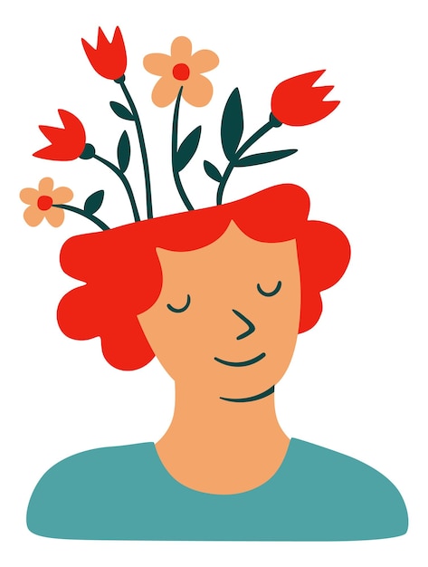 Peaceful woman with flowers growing from her head