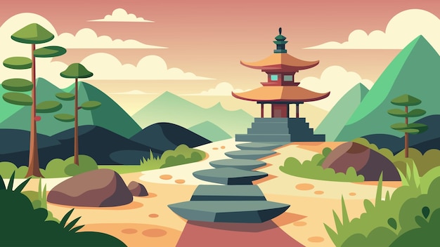 Vector a peaceful zen garden with a stone footpath leading to a small pagoda surrounded by meticulously p