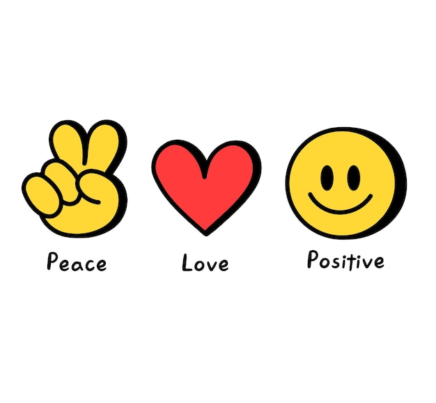 Peacelovepositive concept print voor tshirtVector cartoon doodle lijn grafische illustratie logo ontwerpVrede tekenheartsmile emoji facehippie print voor postertshirtlogo concept