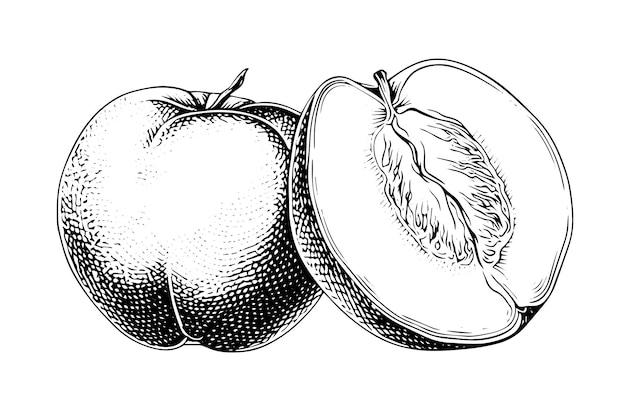 Peach or Apricot fruit hand drawn sketch in engraved style